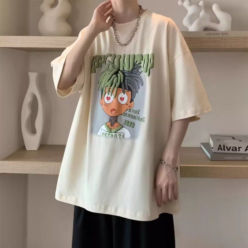 plus size Loose Short-sleeved T-shirt Men's Summer Fashionable Brand American-style Printed Hip-hop Crewneck Top Fashionable Ins Half-sleeved T-shirt - Image 5