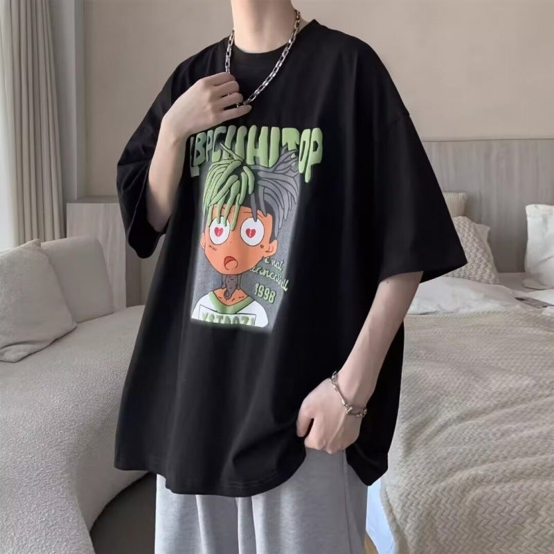 plus size Loose Short-sleeved T-shirt Men's Summer Fashionable Brand American-style Printed Hip-hop Crewneck Top Fashionable Ins Half-sleeved T-shirt - Image 2