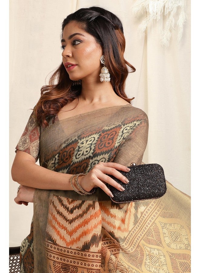 MIRCHI FASHION MIRCHI FASHION Women Chanderi Cotton Ajrakhh Printed Saree with Blouse Piece (39865-Beige)  - Image 2