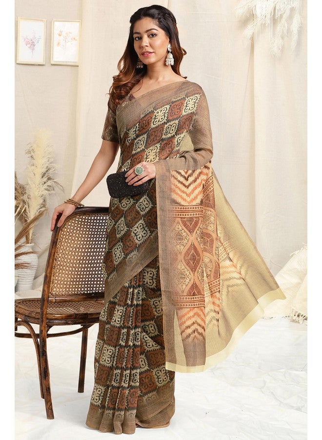 MIRCHI FASHION MIRCHI FASHION Women Chanderi Cotton Ajrakhh Printed Saree with Blouse Piece (39865-Beige)  - Image 3