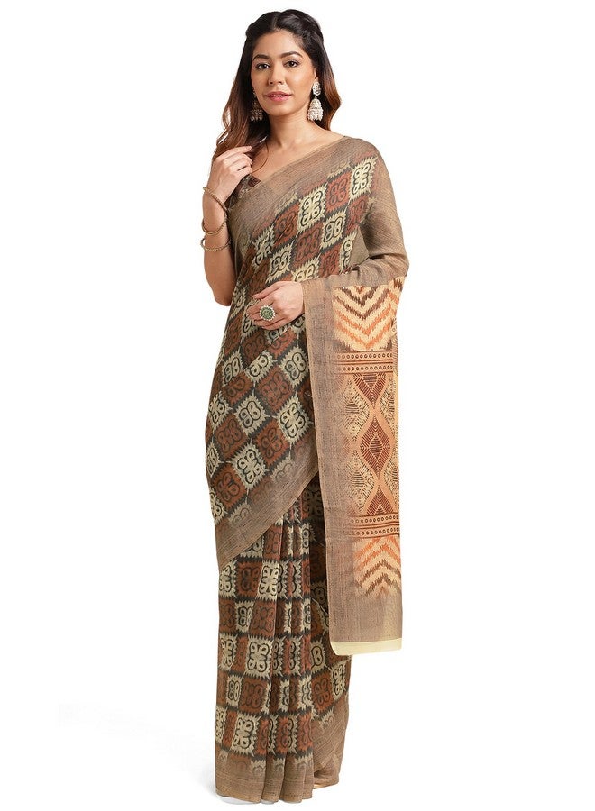 MIRCHI FASHION MIRCHI FASHION Women Chanderi Cotton Ajrakhh Printed Saree with Blouse Piece (39865-Beige)  - Image 1