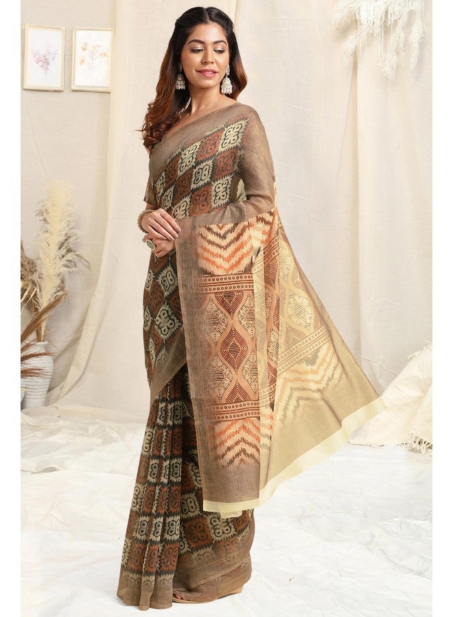 MIRCHI FASHION MIRCHI FASHION Women Chanderi Cotton Ajrakhh Printed Saree with Blouse Piece (39865-Beige)  - Image 5