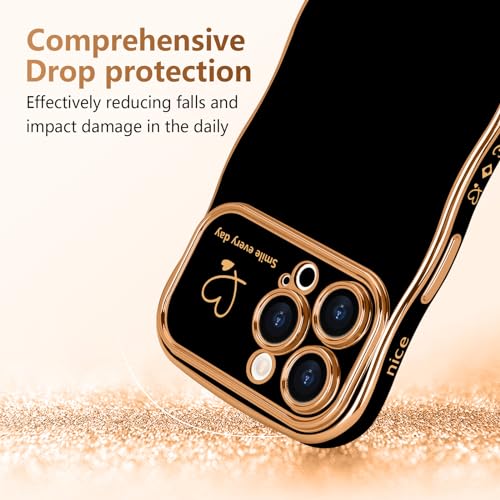 LCHULLE for iPhone 15 Pro Max Case for Women Girls, Cute Wave Frame Curly Shape with Love Heart Pattern Raised Camera Protection Cover Luxury Plating Shockproof Phone Case for iPhone 15 Pro Max, Black - Image 3