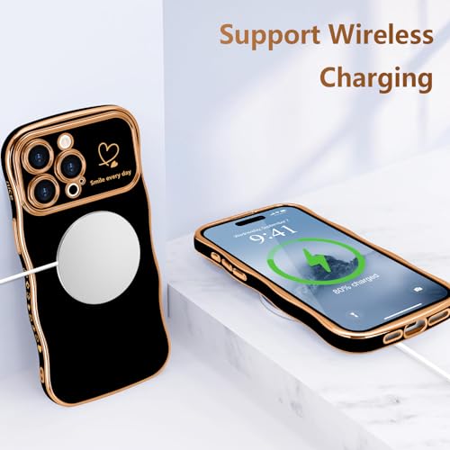 LCHULLE for iPhone 15 Pro Max Case for Women Girls, Cute Wave Frame Curly Shape with Love Heart Pattern Raised Camera Protection Cover Luxury Plating Shockproof Phone Case for iPhone 15 Pro Max, Black - Image 5
