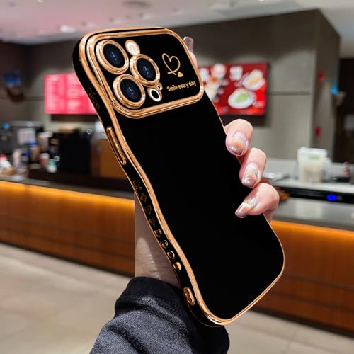 LCHULLE for iPhone 15 Pro Max Case for Women Girls, Cute Wave Frame Curly Shape with Love Heart Pattern Raised Camera Protection Cover Luxury Plating Shockproof Phone Case for iPhone 15 Pro Max, Black - Image 2
