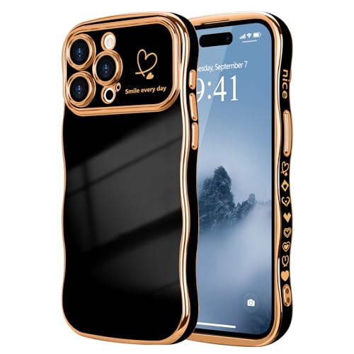 LCHULLE for iPhone 15 Pro Max Case for Women Girls, Cute Wave Frame Curly Shape with Love Heart Pattern Raised Camera Protection Cover Luxury Plating Shockproof Phone Case for iPhone 15 Pro Max, Black - Image 1