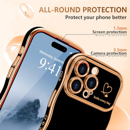 LCHULLE for iPhone 15 Pro Max Case for Women Girls, Cute Wave Frame Curly Shape with Love Heart Pattern Raised Camera Protection Cover Luxury Plating Shockproof Phone Case for iPhone 15 Pro Max, Black - Image 4