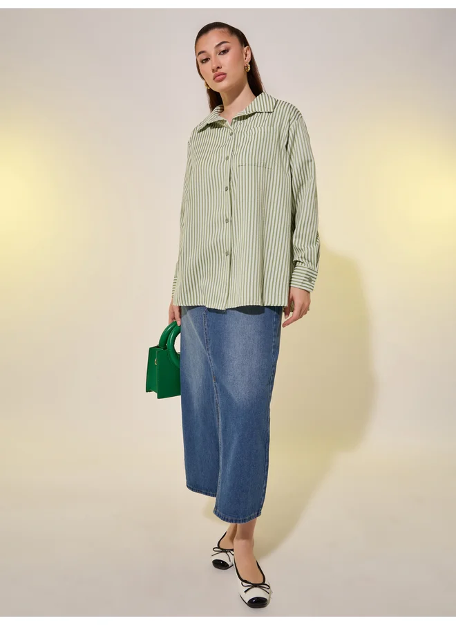 تايك تو Take Two Stripes Oversized Spread Collar Shirt