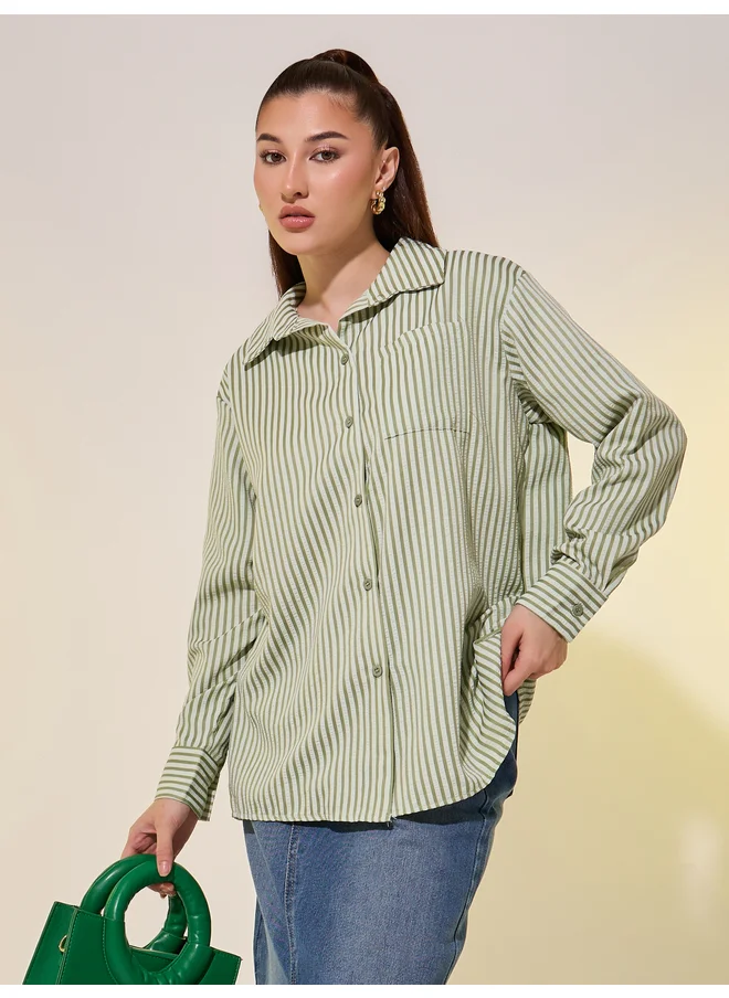 تايك تو Take Two Stripes Oversized Spread Collar Shirt