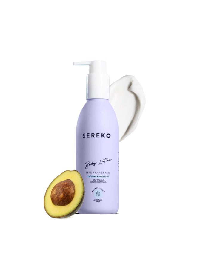 Sereko Hydra Repair  Body Lotion 10% Urea & Avocado Oil Body Lotion 200ML | For Strawberry legs, Detans, Rough Bumpy skin| Body lotion for Men & Women | AHA BHA free | Gentle Exfoliating | with 48H Moisturization | Very dry, flaky skin - Image 1