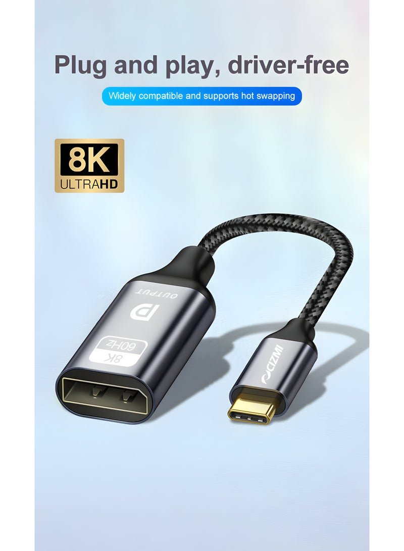 سيزمي ✦ كابل محول DisplayPort (أنثى) إلى USB-C (ذكر) بدقة 8K | يدعم 8K@60Hz و4K@240Hz | USB-C إلى DP 1.4 | سرعة 32.4Gbps | شريحة LDR6025Q | نقل صوت وصورة | مناسب لأجهزة اللابتوب والكمبيوتر والشاشات وأجهزة العرض وغيرها | تصميم مضفّر | بطول 0.2 متر - Image 1