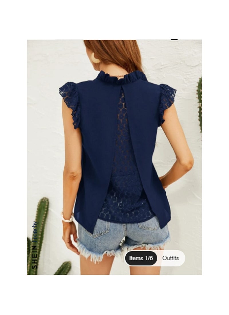 Shein SHEIN Contrast Lace Blouse With Flared Sleeves And Ruffled Neck From Frenchie  - Image 2