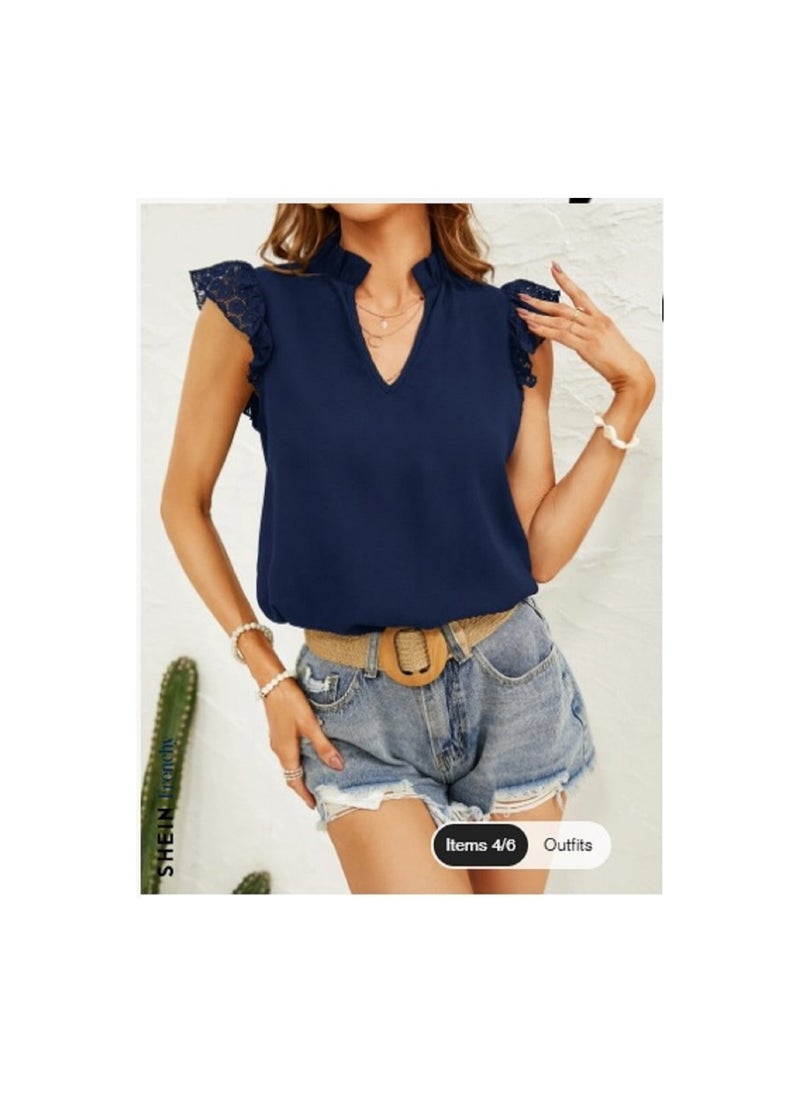 Shein SHEIN Contrast Lace Blouse With Flared Sleeves And Ruffled Neck From Frenchie  - Image 4