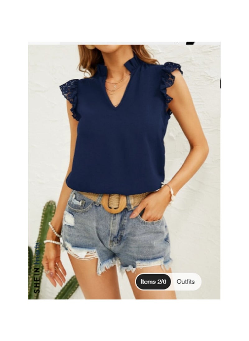 Shein SHEIN Contrast Lace Blouse With Flared Sleeves And Ruffled Neck From Frenchie  - Image 1