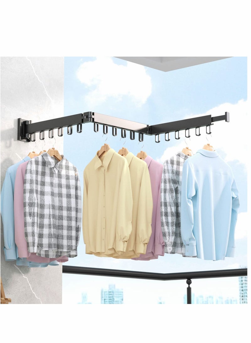 Clothes Drying Rack, Wall Mounted Retractable Collapsible(Tri-Fold) Hole-drilling / No-drilling Installation Space-Saver for Balcony Laundry Bathroom (Black) - Image 1