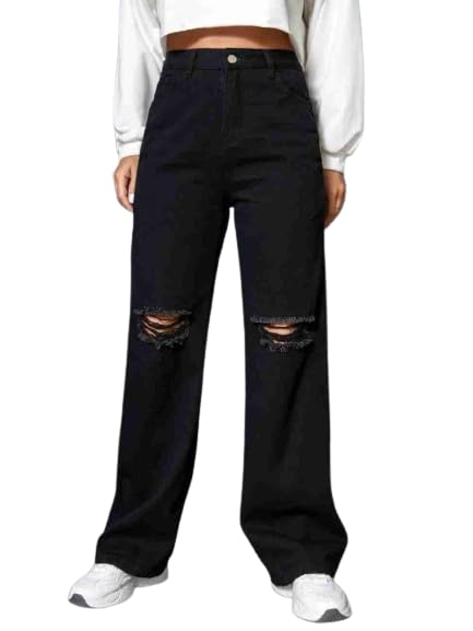 YAGNAPURUSH Women's & Girls Solid Ripped Denim High Waist Wide Leg Jeans Pants (Black, 28) - Image 1