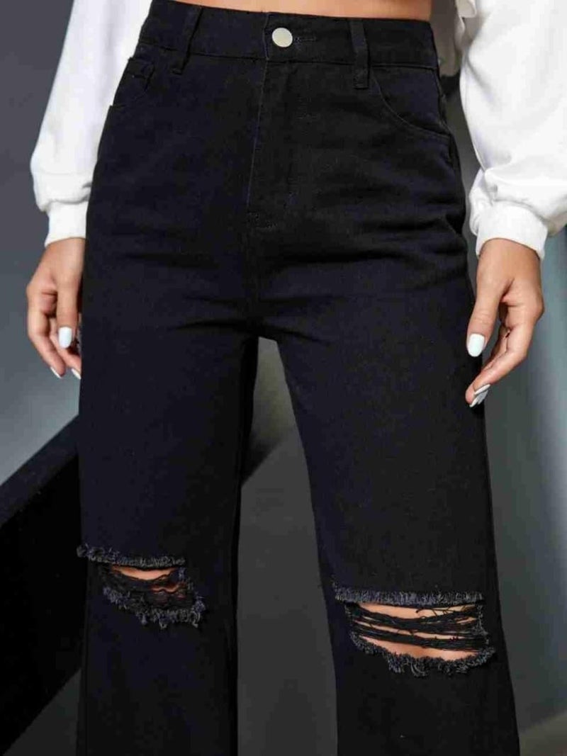 YAGNAPURUSH Women's & Girls Solid Ripped Denim High Waist Wide Leg Jeans Pants (Black, 28) - Image 5