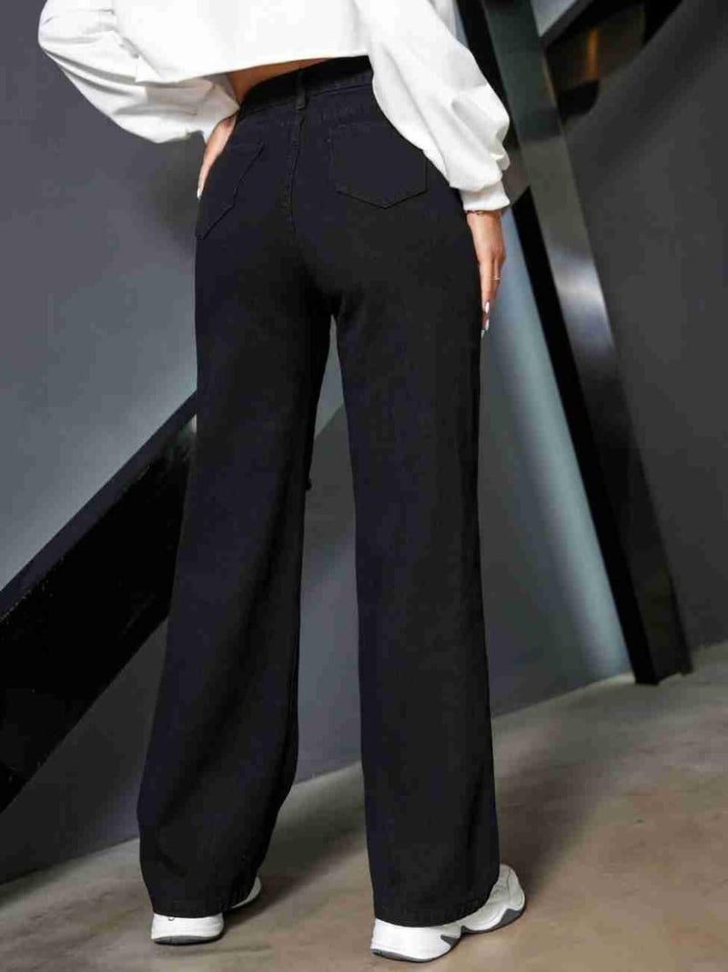 YAGNAPURUSH Women's & Girls Solid Ripped Denim High Waist Wide Leg Jeans Pants (Black, 28) - Image 2