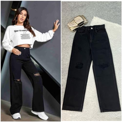 YAGNAPURUSH Women's & Girls Solid Ripped Denim High Waist Wide Leg Jeans Pants (Black, 28) - Image 4