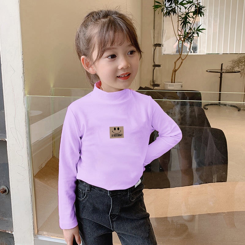 Girls' Velvet Semi-High Collar Bottoming Shirt Children'S Semi-High Collar Western Style Semi-High Collar Long Sleeve Thickened T-Shirt - Image 1
