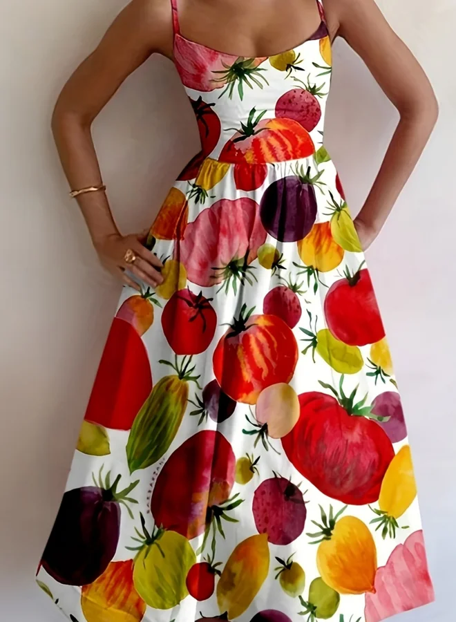 Take Two All Over Tomato Print Strappy Midi Dress