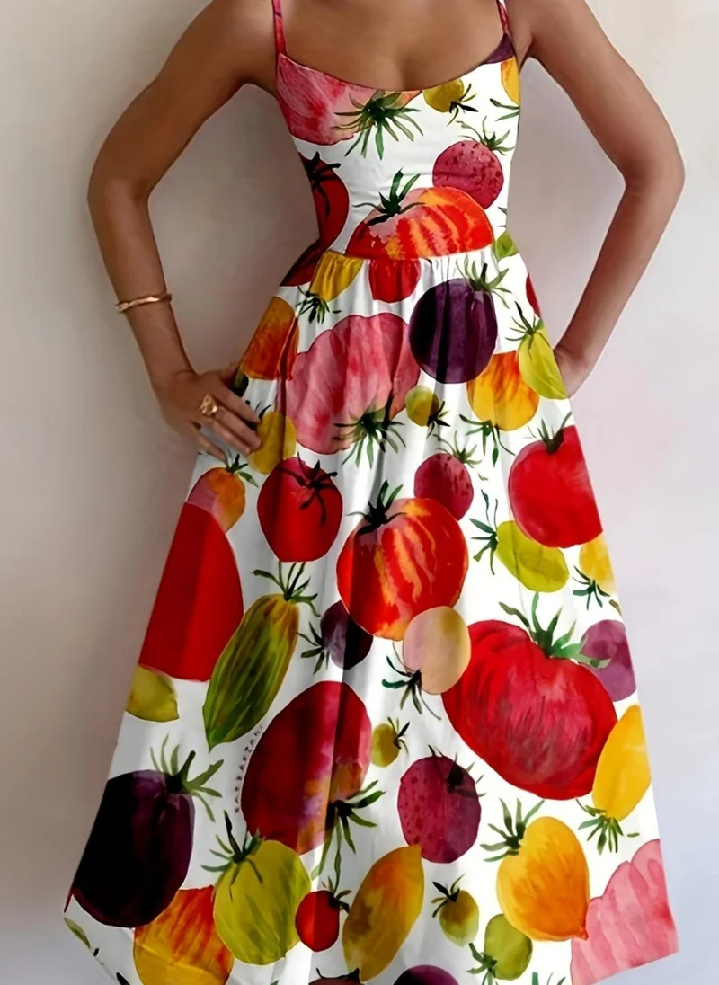 Take Two All Over Tomato Print Strappy Midi Dress