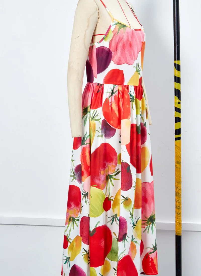 Take Two All Over Tomato Print Strappy Midi Dress