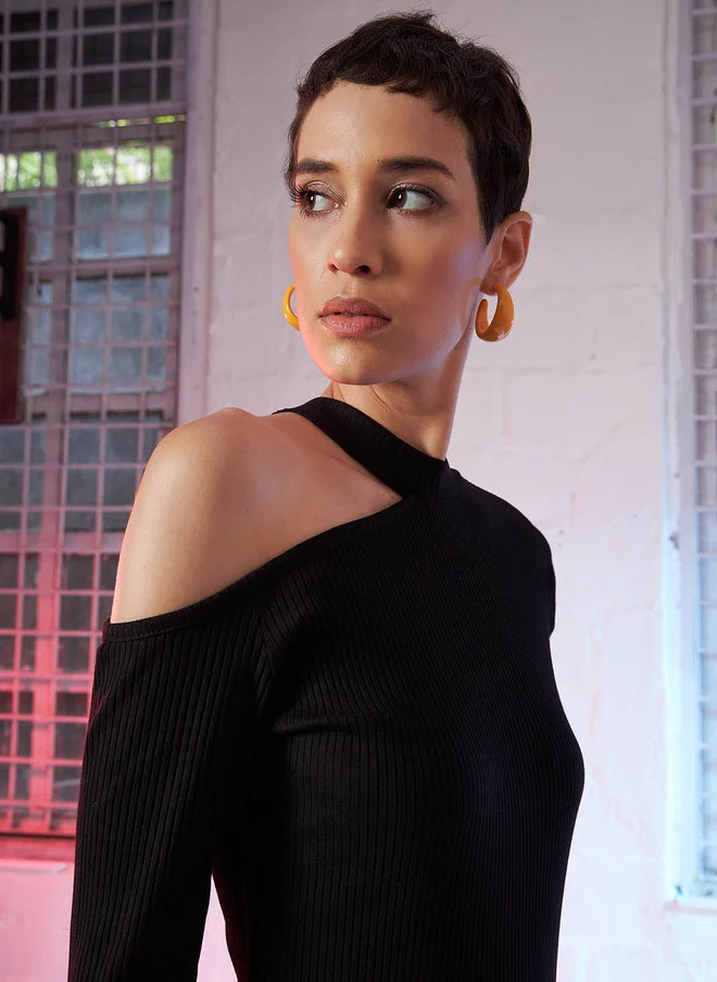 SASSAFRAS Black Cut-Outs Sheath Midi Dress for Women