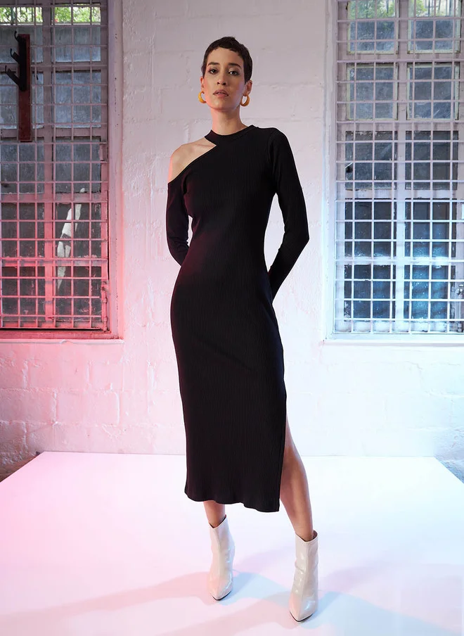 SASSAFRAS Black Cut-Outs Sheath Midi Dress for Women