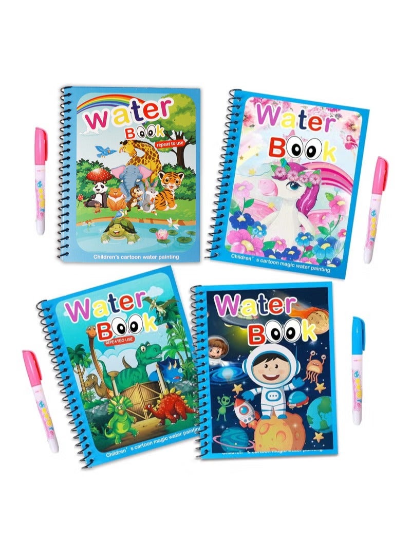 4-Piece Set of Cartoon Watercolor Books with Fountain Pens, Watercolor Magic Books That Can Be Reused by Children, Travel Toys, Drawing Unicorn Animals, Cartoon Coloring Books, Educational Learning Toys and Gifts for Boys and Girls - Image 1