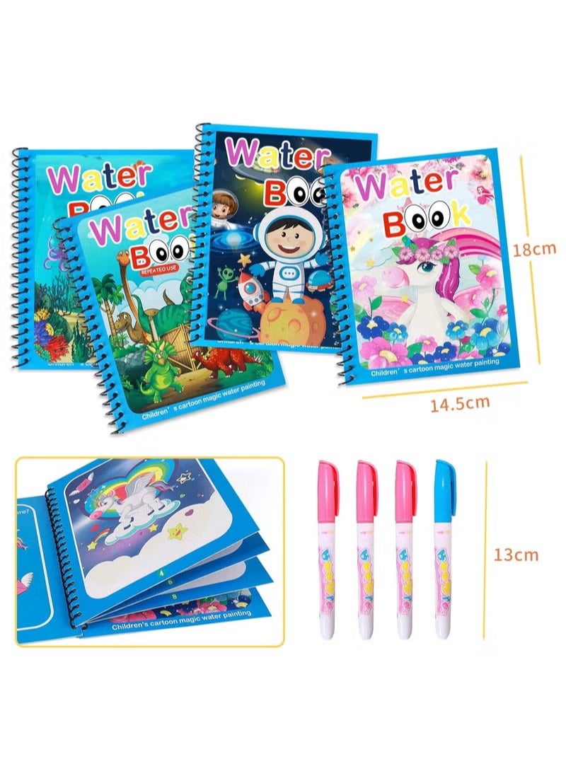 4-Piece Set of Cartoon Watercolor Books with Fountain Pens, Watercolor Magic Books That Can Be Reused by Children, Travel Toys, Drawing Unicorn Animals, Cartoon Coloring Books, Educational Learning Toys and Gifts for Boys and Girls - Image 2