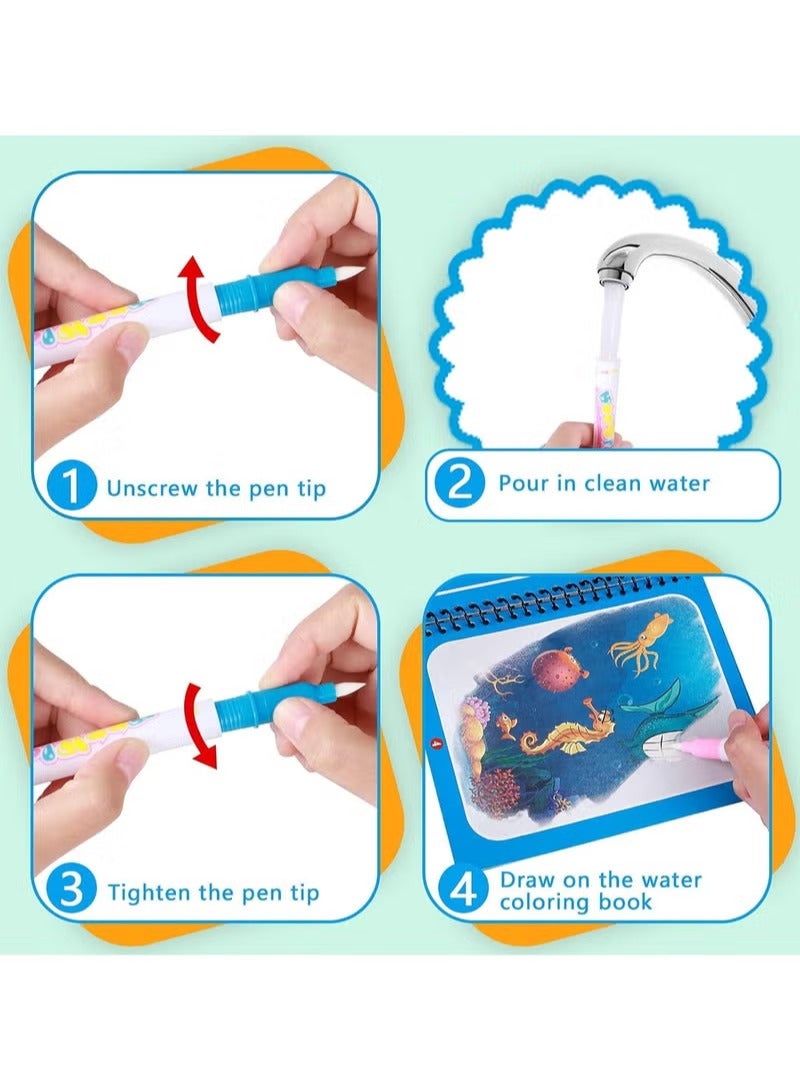 4-Piece Set of Cartoon Watercolor Books with Fountain Pens, Watercolor Magic Books That Can Be Reused by Children, Travel Toys, Drawing Unicorn Animals, Cartoon Coloring Books, Educational Learning Toys and Gifts for Boys and Girls - Image 3
