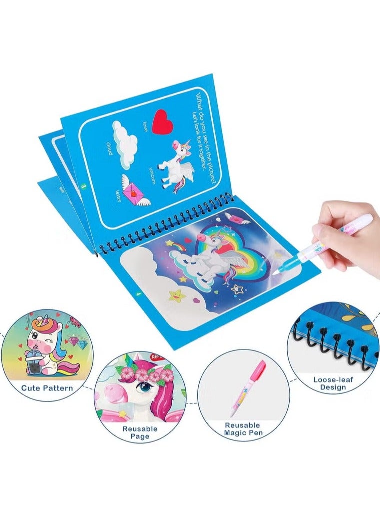4-Piece Set of Cartoon Watercolor Books with Fountain Pens, Watercolor Magic Books That Can Be Reused by Children, Travel Toys, Drawing Unicorn Animals, Cartoon Coloring Books, Educational Learning Toys and Gifts for Boys and Girls - Image 4