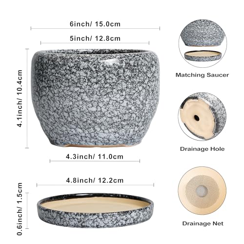 SQOWL Ceramic Pot for Plants - 6 Inch Ceramic Planter for Indoor Outdoor, Decorative Plant Pot with Drainage Hole and Saucer, Round Planter for Flower, Bedroom Decor, Garden Gifts, Black and White - Image 3