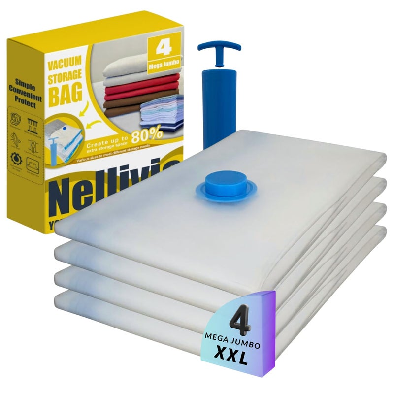 Nellivia 4 Mega Jumbo XXL Vacuum Storage Bags with Pump (47x35in), Supersized Compression Space Saver for Comforter, duvet, Bedding, Blanket storage, Vacuum Seal Bags for Clothing, Stuffed Toy, Cushions - Image 1