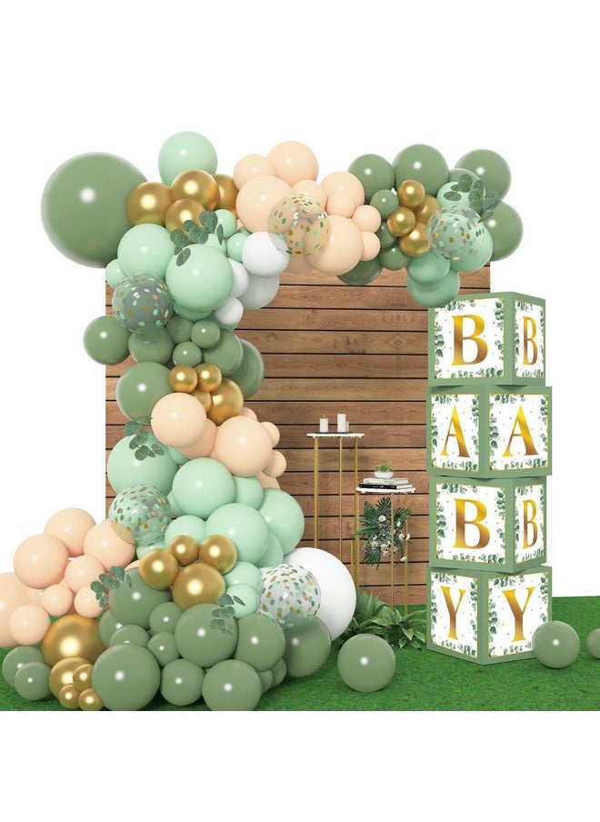 Amandir 143Pcs Baby Boxes Sage Green Baby Shower Decorations Olive Green Balloon Garland Kit 4 Baby Blocks Gold Letter For Gender Neutral Boy Girl Safari Jungle Biythday Party Supplies  - Image 2
