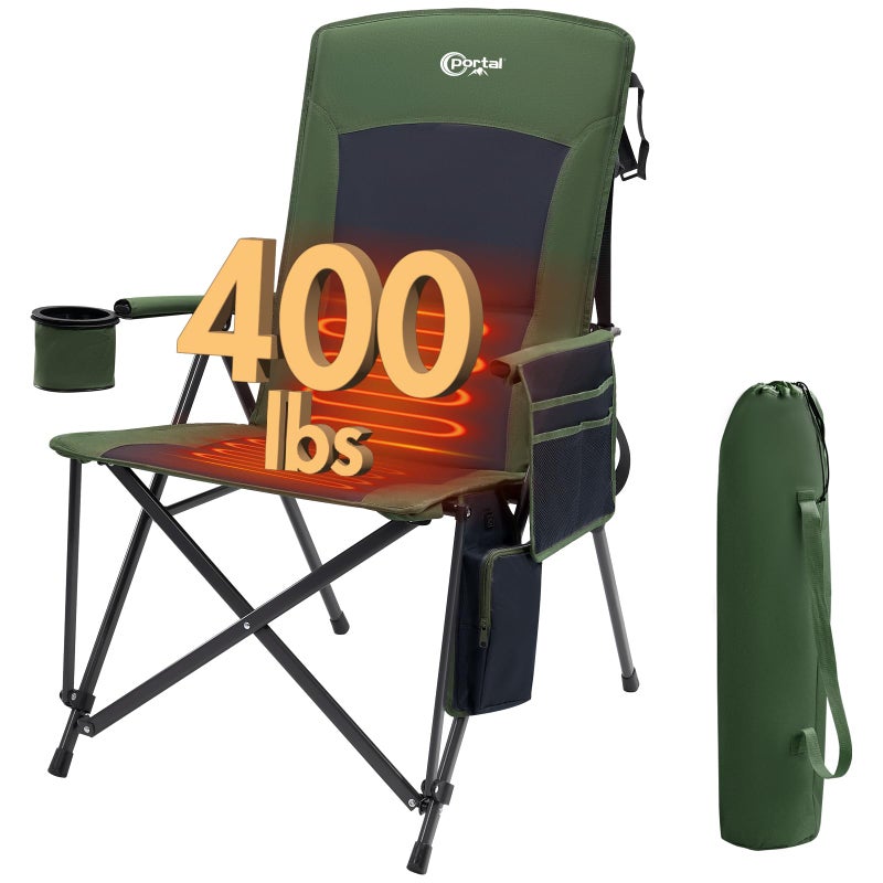 Portal Heated Camping Chairs for Adults Outdoor Sports Oversized Folding Lawn Chair with High Back Heavy Duty 400 Lbs Battery Not Included Green