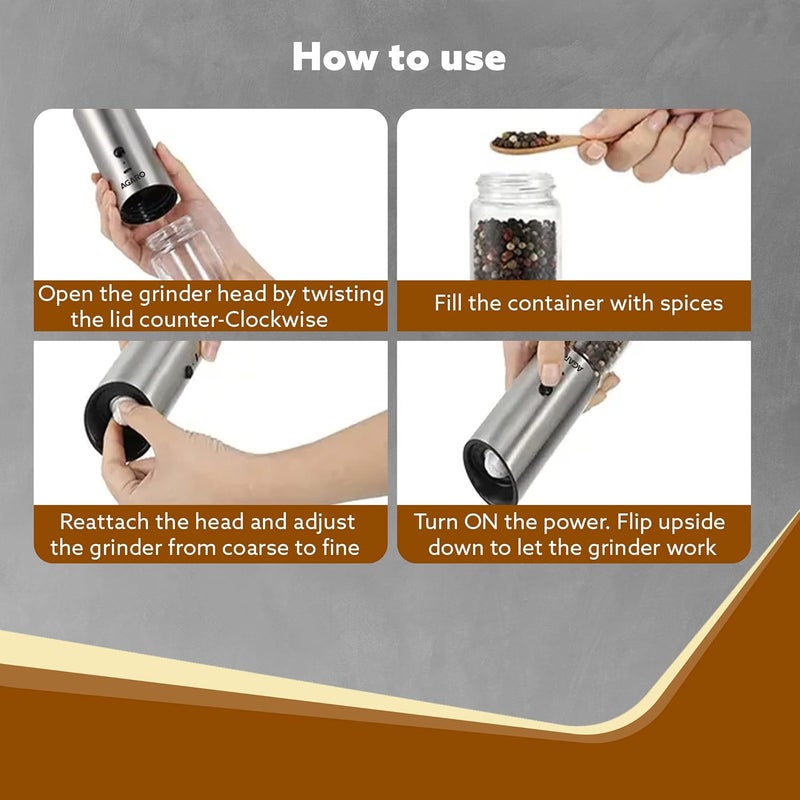 AGARO Gravity Salt & Pepper Automatic Grinder, Refillable,Adjustable Coarseness,Gravity Electric Salt Pepper Mill & Shaker, Rechargeable Stainless Steel - Image 5