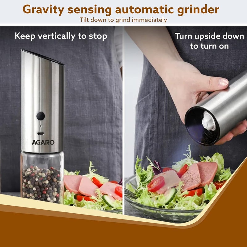 AGARO Gravity Salt & Pepper Automatic Grinder, Refillable,Adjustable Coarseness,Gravity Electric Salt Pepper Mill & Shaker, Rechargeable Stainless Steel - Image 3