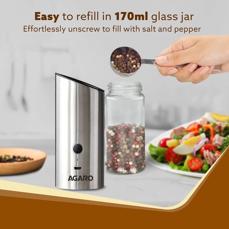 AGARO Gravity Salt & Pepper Automatic Grinder, Refillable,Adjustable Coarseness,Gravity Electric Salt Pepper Mill & Shaker, Rechargeable Stainless Steel - Image 4