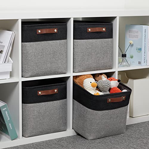 DULLEMELO Cube Collapsible Storage Bins, 12 inch Fabric Storage Cubes Bins Canvas Organization Baskets, Linen Closet Organizers Boxes for Home Organization and Storage (4 Pack - 12" Black&Grey) - Image 4
