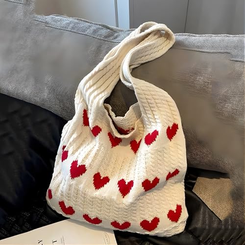 Gowloz Women Knitted Cotton Tote Bag with Heart Pattern – Stylish Lightweight Shoulder Handbag, Large Capacity Reusable Shopping Bag for Office, College, Beach, Travel & Everyday Use (off-white) - Image 3