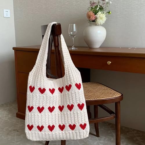 Gowloz Women Knitted Cotton Tote Bag with Heart Pattern – Stylish Lightweight Shoulder Handbag, Large Capacity Reusable Shopping Bag for Office, College, Beach, Travel & Everyday Use (off-white) - Image 5