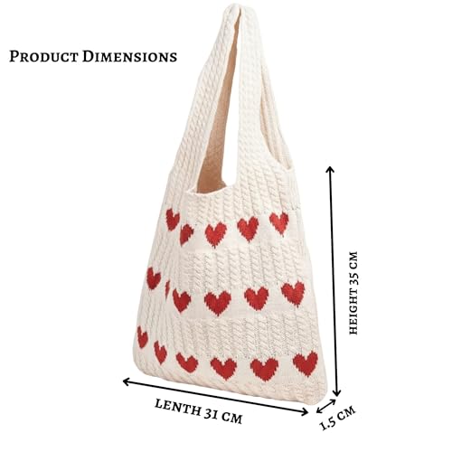 Gowloz Women Knitted Cotton Tote Bag with Heart Pattern – Stylish Lightweight Shoulder Handbag, Large Capacity Reusable Shopping Bag for Office, College, Beach, Travel & Everyday Use (off-white) - Image 4