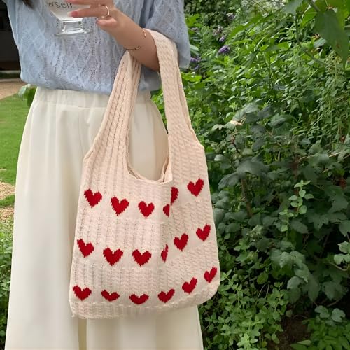 Gowloz Women Knitted Cotton Tote Bag with Heart Pattern – Stylish Lightweight Shoulder Handbag, Large Capacity Reusable Shopping Bag for Office, College, Beach, Travel & Everyday Use (off-white) - Image 2