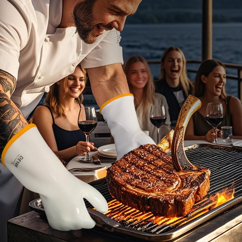 DEYAN Silicone BBQ Gloves - 600Â°F Heat Resistant Oven Mitts for Grilling, Smoking & Baking - Waterproof, Oil Proof Non-Slip Kitchen Gloves for Cooking, Frying, BBQ Accessories(White, 9/L) - Image 5