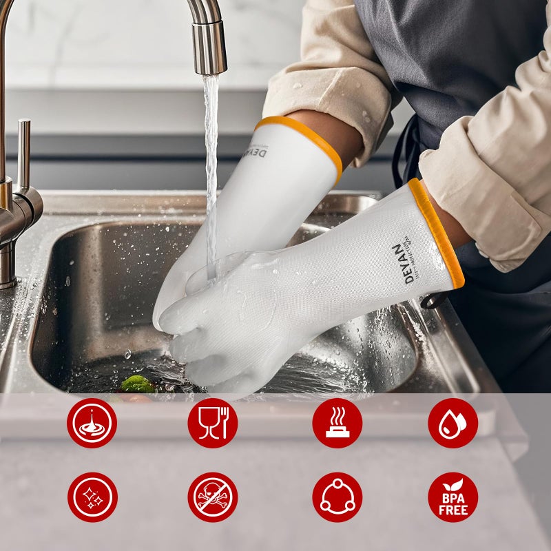 DEYAN Silicone BBQ Gloves - 600Â°F Heat Resistant Oven Mitts for Grilling, Smoking & Baking - Waterproof, Oil Proof Non-Slip Kitchen Gloves for Cooking, Frying, BBQ Accessories(White, 9/L) - Image 2