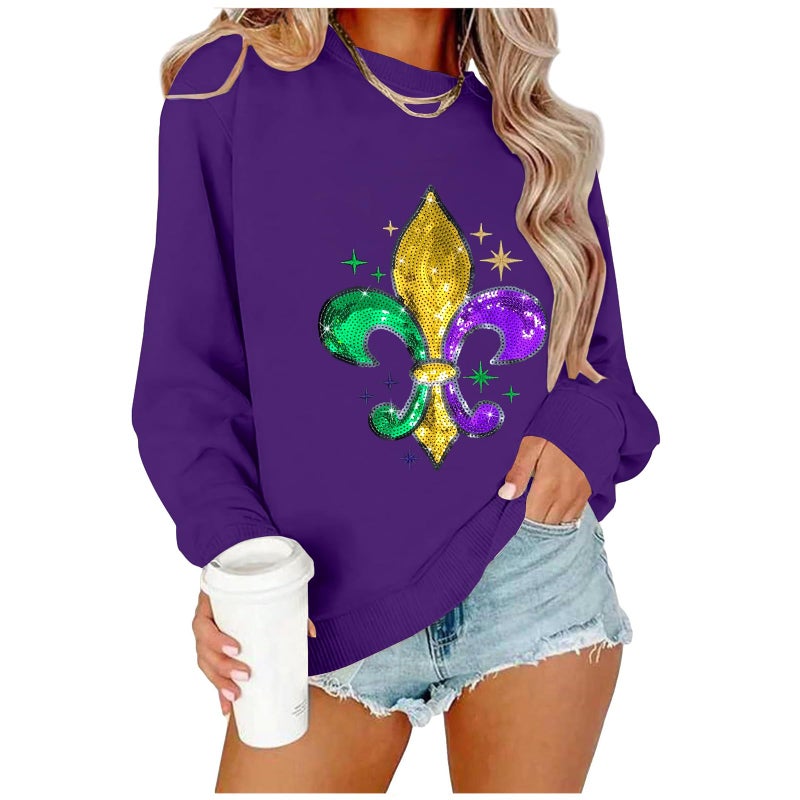 BEIDEFY Mardi Sweatshirt for Women Sequin Fat Tuesday Long Sleeve Shirt New Orleans Carnival Party Pullover Top Purple - Image 1