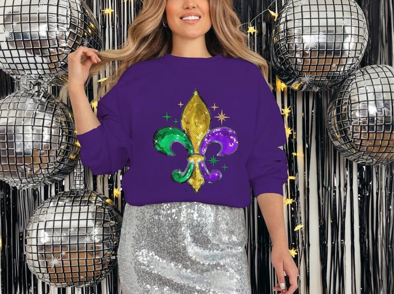 BEIDEFY Mardi Sweatshirt for Women Sequin Fat Tuesday Long Sleeve Shirt New Orleans Carnival Party Pullover Top Purple - Image 3
