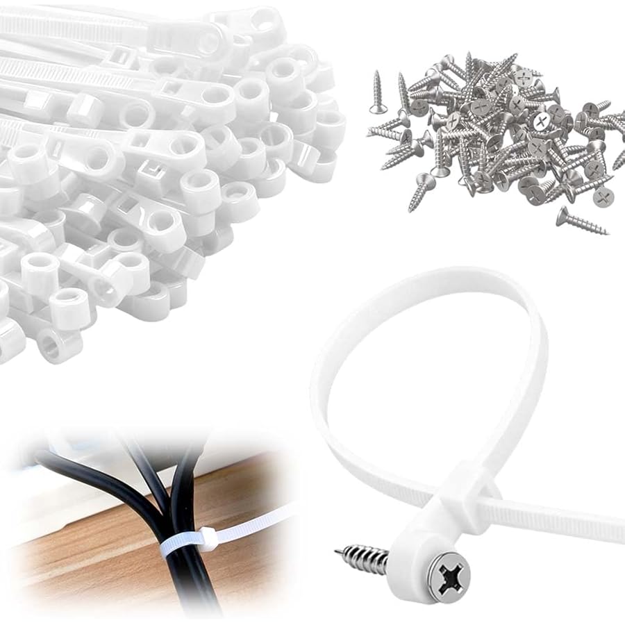 100 PCS Heavy Duty Nylon Zip Ties 8 Inch, 2026 New Self-locking Cable Tie with Screw Mounting Hole, Multifunctional Screw Mount Cable Ties for Car Daily Repair Fixed Cables (White-100PCS)